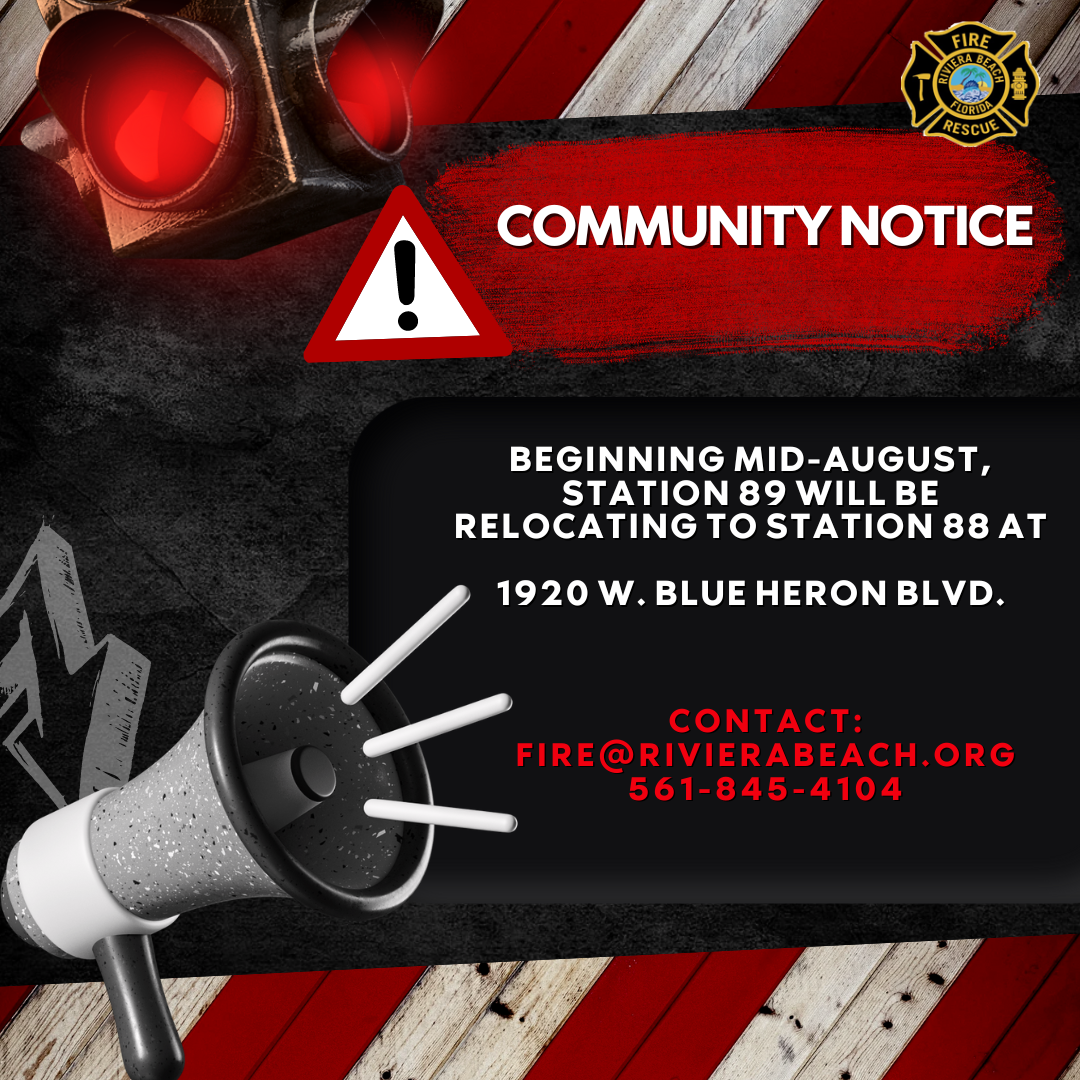 FOR IMMEDIATE RELEASE: RIVIERA BEACH FIRE RESCUE ANNOUNCES RELOCATION OF FIRE STATION 89 Riviera Beach, FL. (August 1, 2024) – Starting mid-August, Riviera Beach Fire Rescue is set to relocate Fire Station 89 from 7501 N Military Trl to Fire Station 88 at 1920 W Blue Heron Blvd. This move marks the end of a 30-year lease arrangement with the Veterans Affairs Medical Center, which owns the current Fire Station 89 site. The West Palm Beach VA Healthcare System plans to repurpose the property to expand mental health services for Veterans. Despite an exhaustive search for alternative properties in the area, no suitable locations were found. However, Riviera Beach Fire Rescue remains committed to serving the West Community efficiently. Utilizing advanced "Emergency Vehicle Preemption Systems" (EVP), emergency response vehicles will be granted priority at signalized intersections, ensuring quicker response times and enhancing safety for all residents. "As we transition Fire Station 89 to its new location, our primary focus remains on maintaining the highest level of emergency response for the community. We are dedicated to adapting and overcoming any challenges to continue providing the exceptional service Riviera Beach residents deserve," said Fire Chief John Curd. While there are no current plans to build a new fire station in the West Community, Riviera Beach Fire Rescue assures the community that their high standard of service will not waver. Our team of highly trained professionals is committed to ensuring the safety and well-being of our residents. For additional information on the “Emergency Vehicle Preemption Systems,” (EVP) please see attachment. For media inquiries and more information, please contact: Brittany Collins Public Information Officer, City of Riviera Beach Bcollins@rivierabeach.org C: 561-371-1533