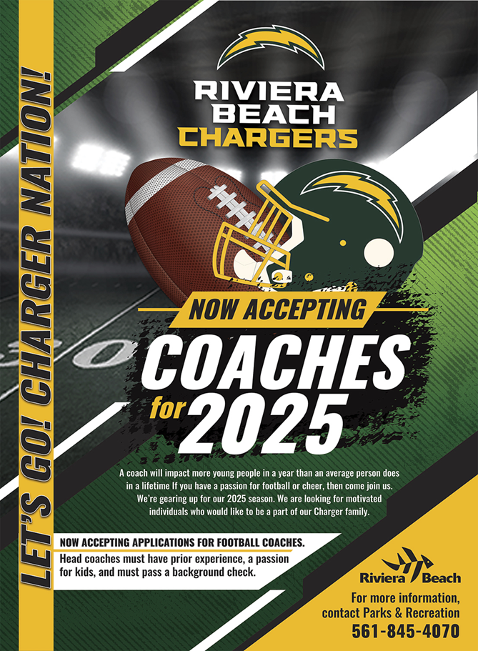 RIVIERA BEACH CHARGERS NOW ACCEPTING COACHES tr2025 A coach will impact more young people in a year than an average person does in a lifetime If you have a passion for football or cheer, then come join us. We're gearing up for our 2025 season. We are looking for motivated individuals who would like to be a part of our Charger family. NOW ACCEPTING APPLICATIONS FOR FOOTBALL COACHES. Head coaches must have prior experience, a passion for kids, and must pass a background check. Riviera Beach