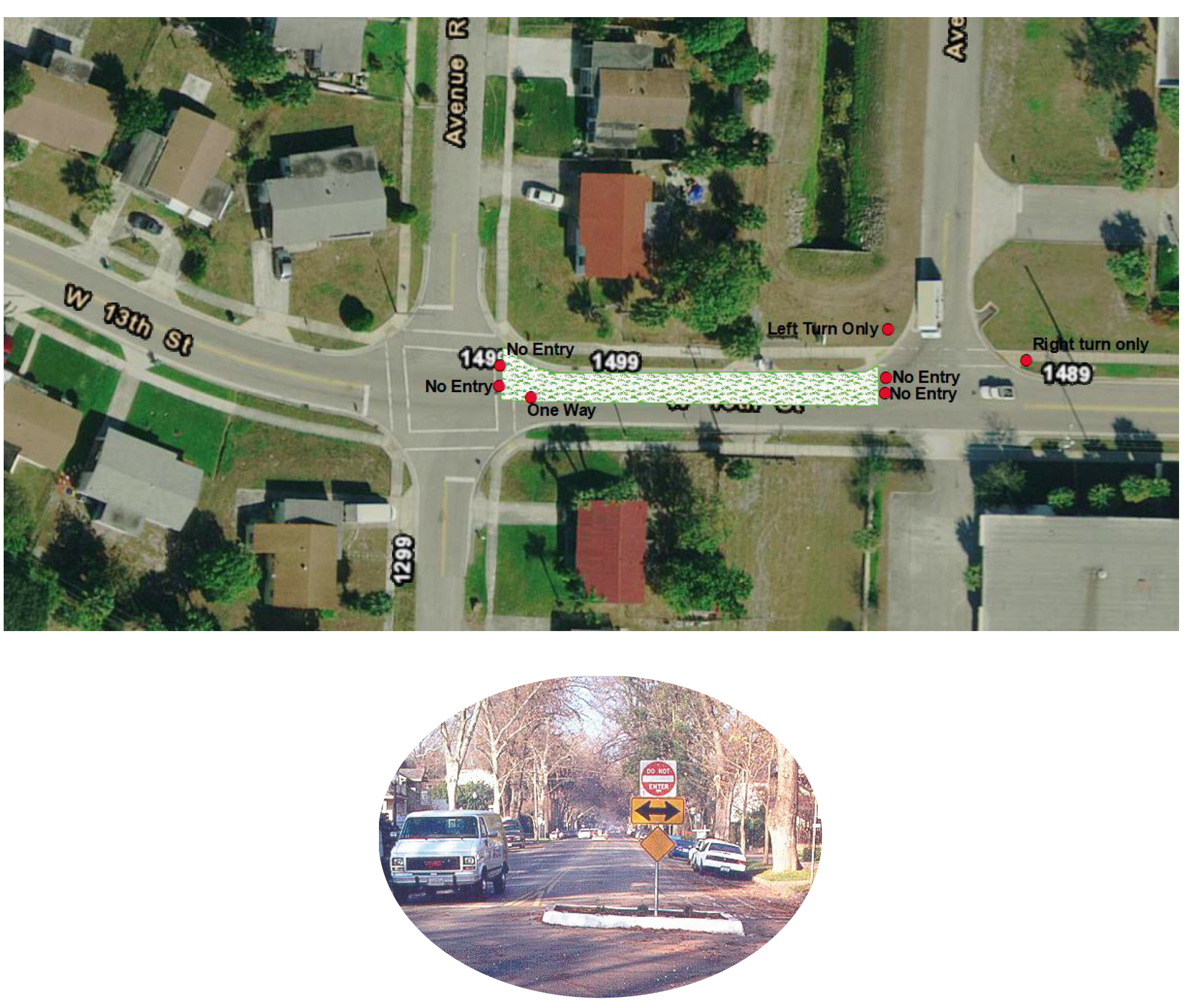 Option 3: Partial Road Closure The closure would force commercial truck traffic to avoid 13th Street. With this option, speed can be reduced from 3-9 mph. In the image below, Westbound Traffic would not have access to drive through 13th Street.