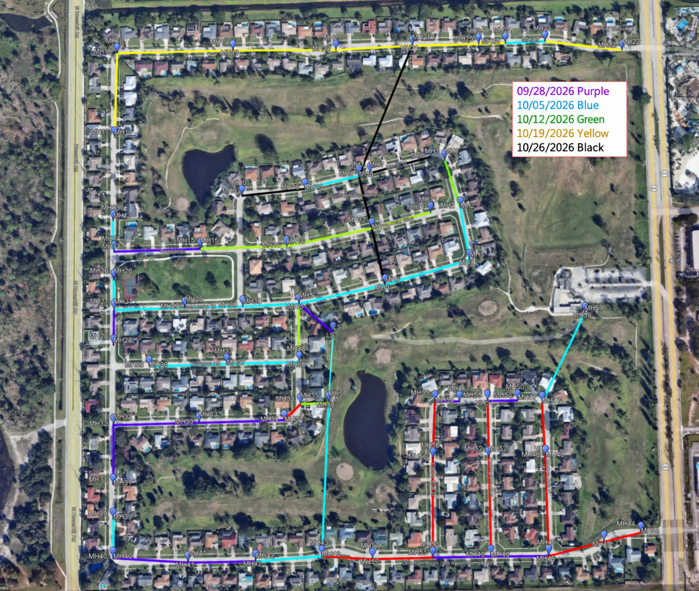 Color-coded Long Pine Estates CIPP project map showing anticipated work phases through October 26, 2026