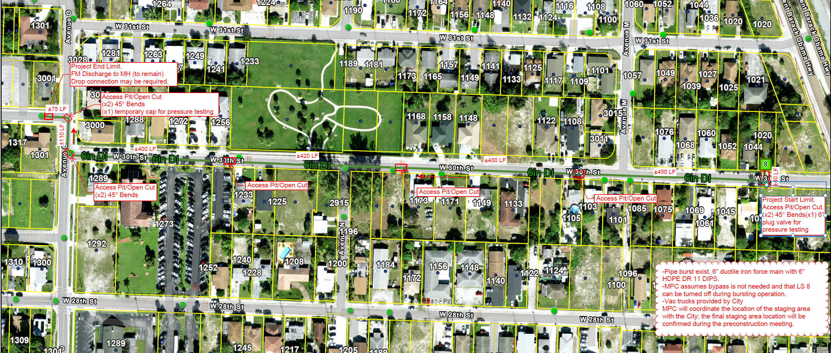 Project map showing the Lift Station 8 force main replacement area along West 30th Street