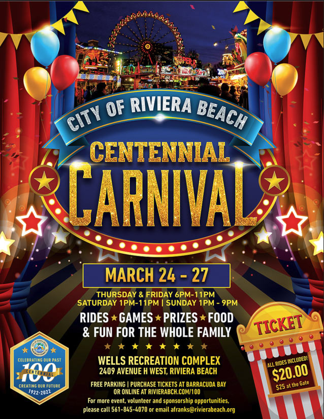 We’re celebrating the City’s Centennial Birthday Carnival style, March 24-27! Purchase Centennial Keepsakes and Carnival Tickets here: https://www.rivierabch.com/100