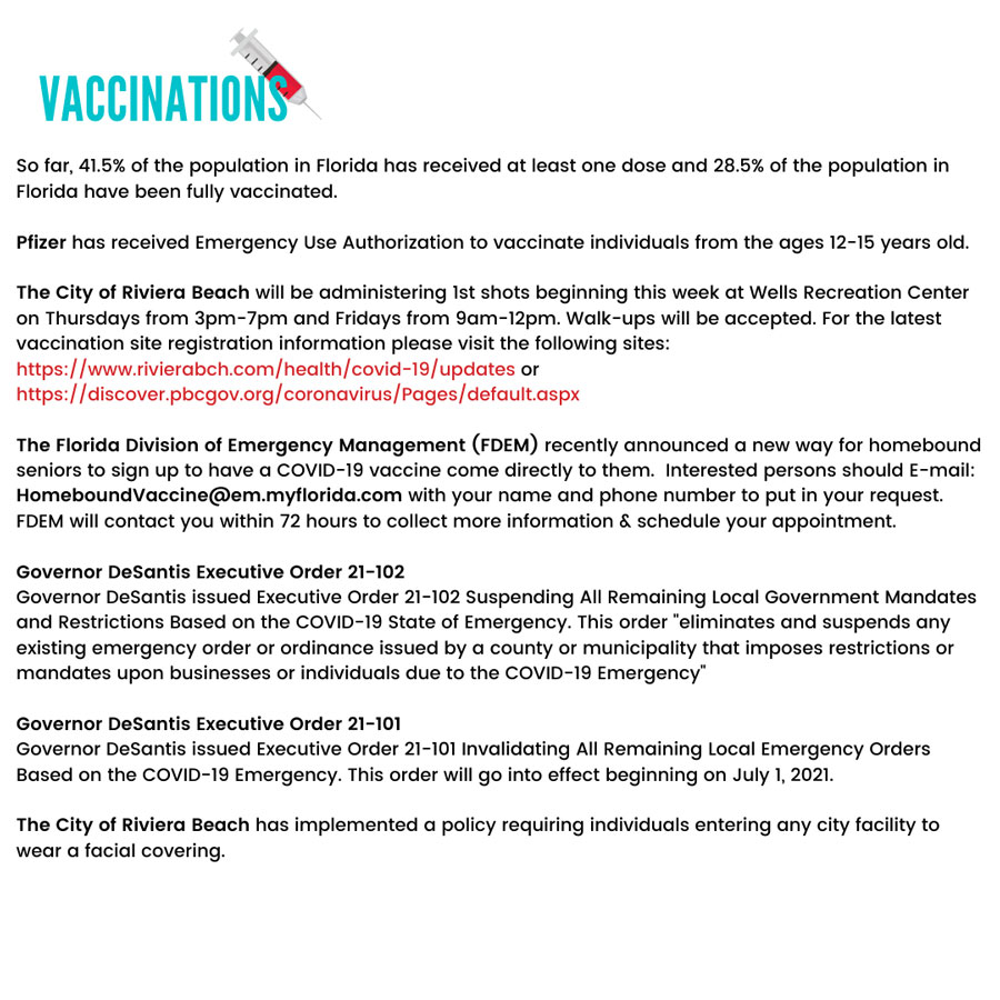 Situational Report May 13th  2021 so far 41.% of florida has received the Covid 19 vaccine 