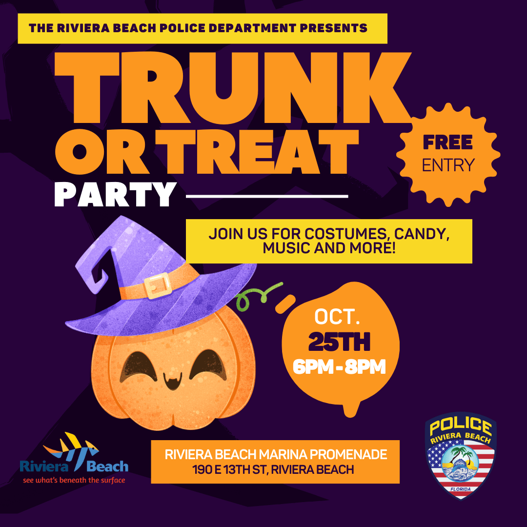 Join the Riviera Beach Police Department for a fun-filled **Trunk or Treat** event on October 25, 2024, from 6 PM to 8 PM at the Marina Event Center Promenade! Enjoy music, games, costumes, candy, and more in a safe, family-friendly environment. Don’t miss out on a spooktacular evening of Halloween fun for all ages!