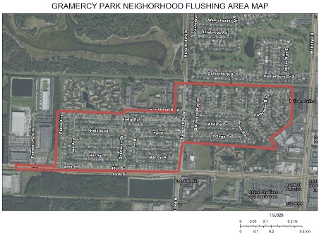 Planned flushing activities will take place as follows: Beginning Tuesday, September 7, 2021, and concluding approximately two weeks later, occurring between the hours of 7:00 am and 5:30 pm. Areas that are adjacent to the Gramercy Park Neighborhood to include: Saddlebrook Apartments, the Landings at West Palm Beach, Lake Arjaro Apartments, and Premier Park will not experience flushing activities.