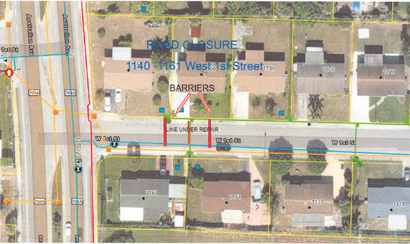 Below is a Map showing the emergency road closure on August 23. 2022 from 8:30a.m. to 4:00p.m. The road will be closed to through traffic in the area of 1140 to 1161 W. 15t Street, in order to repair gravity sewer service. 